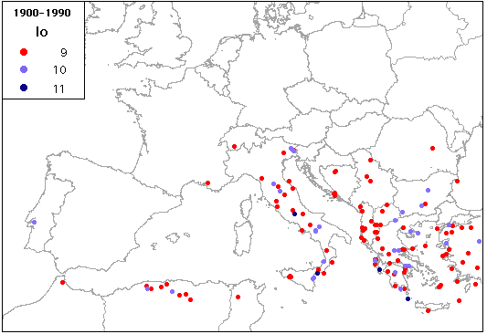 Fig. 1b - Earthquakes with Io ≥
 9 or M>6 included in BEECD Working File, 1900-1990