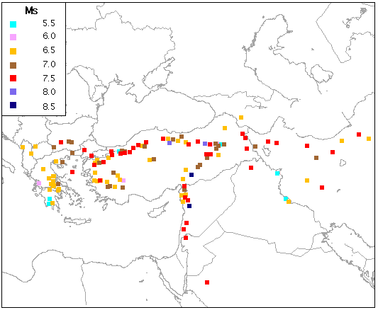 Fig. 2 - Epicenters of earthquakes associated with faulting evidence (from Ambraseys and Jackson, 1997, Tab. 1)